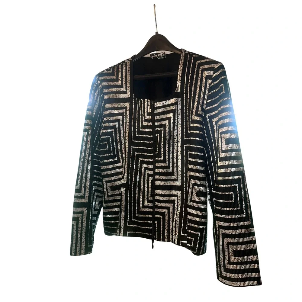 Joseph Ribkoff Silver Metallic Geometric Greek Key Zip Up Jacket Black Size 14
